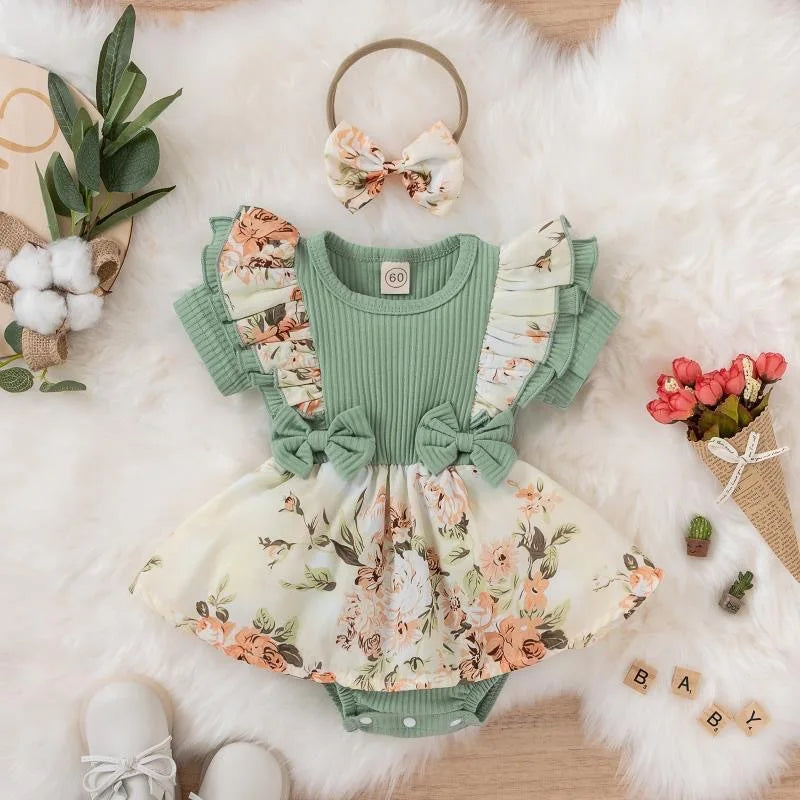 Floral baby Girl Dress With Bowknot headband