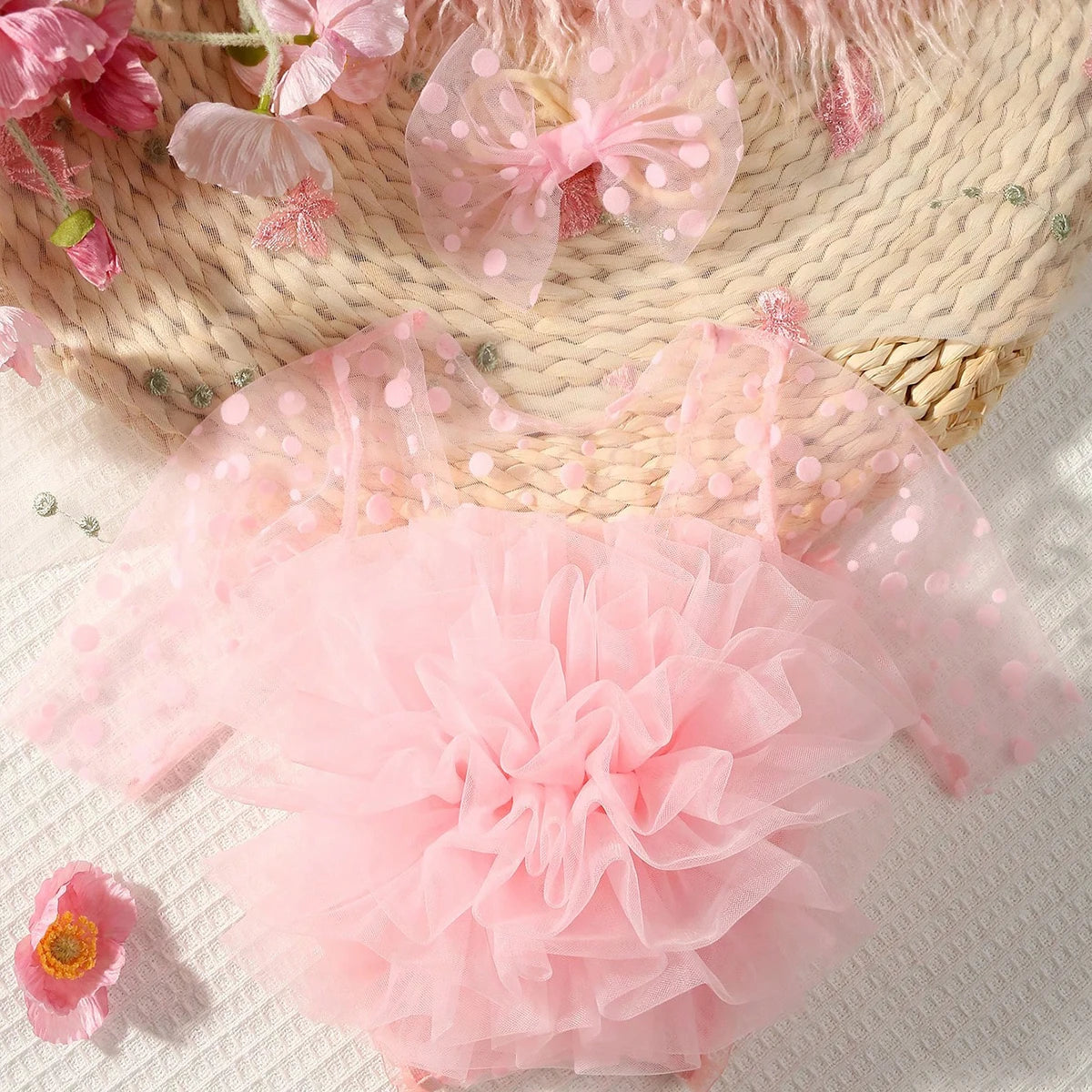Pink Polka Dot Newborn Romper with Bow Headband