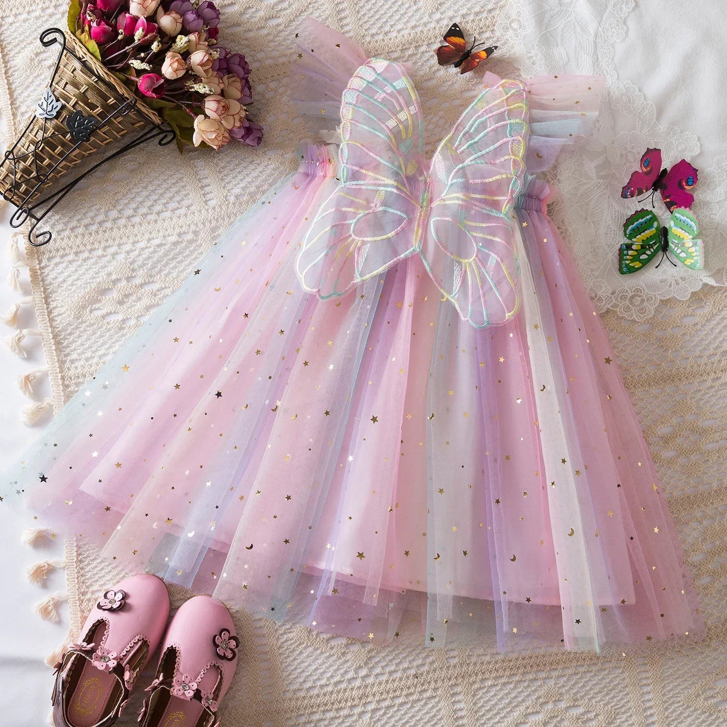 Rainbow butterfly Sequin Sling Dress