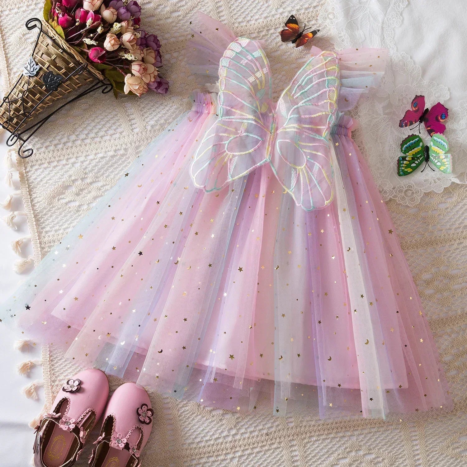Rainbow butterfly Sequin Sling Dress