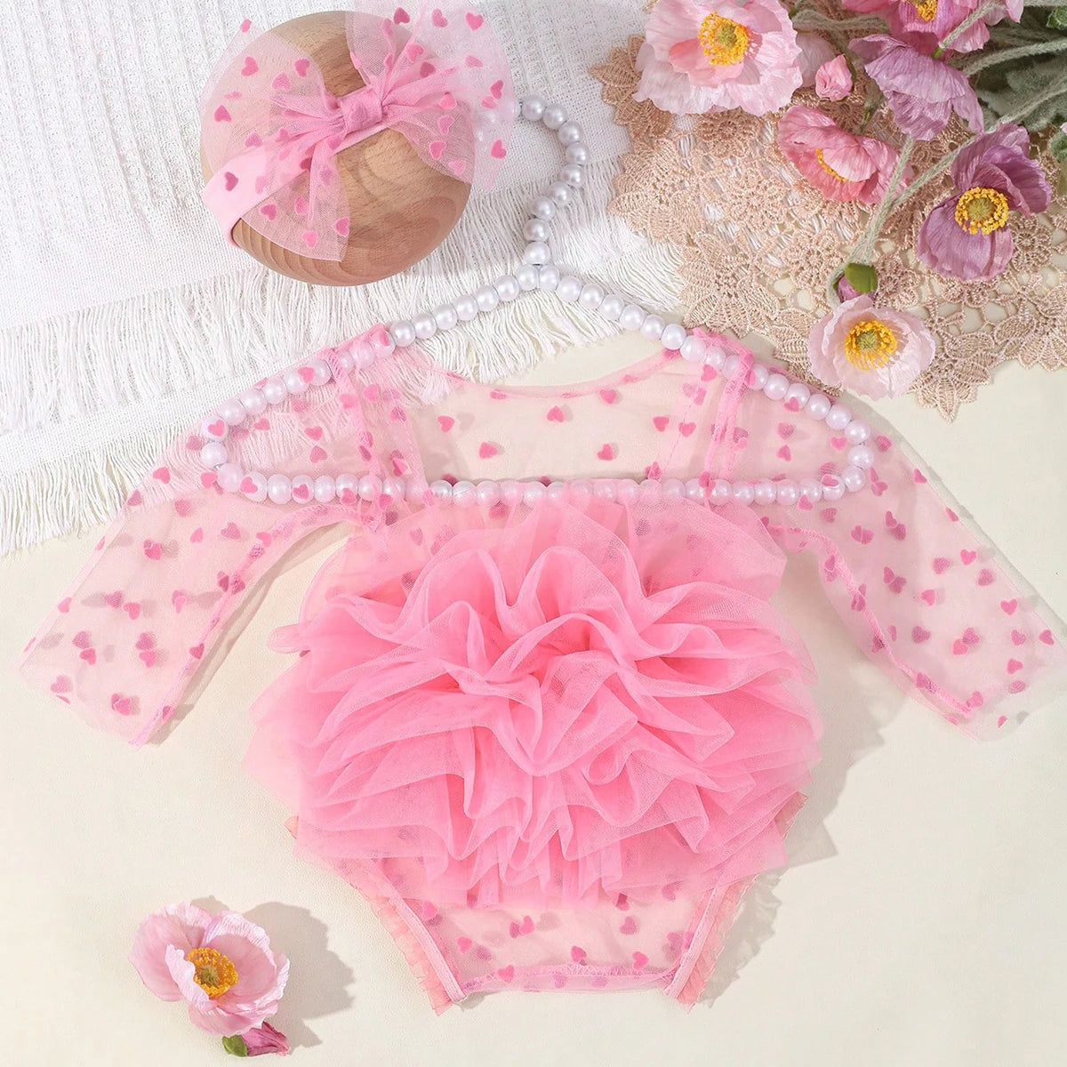 Pink Polka Dot Newborn Romper with Bow Headband