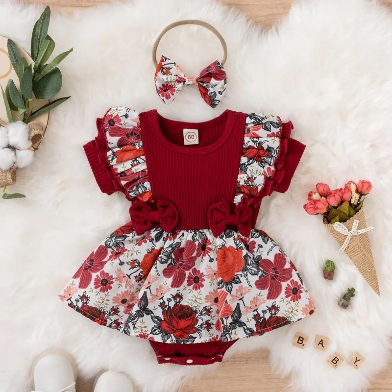 Floral baby Girl Dress With Bowknot headband