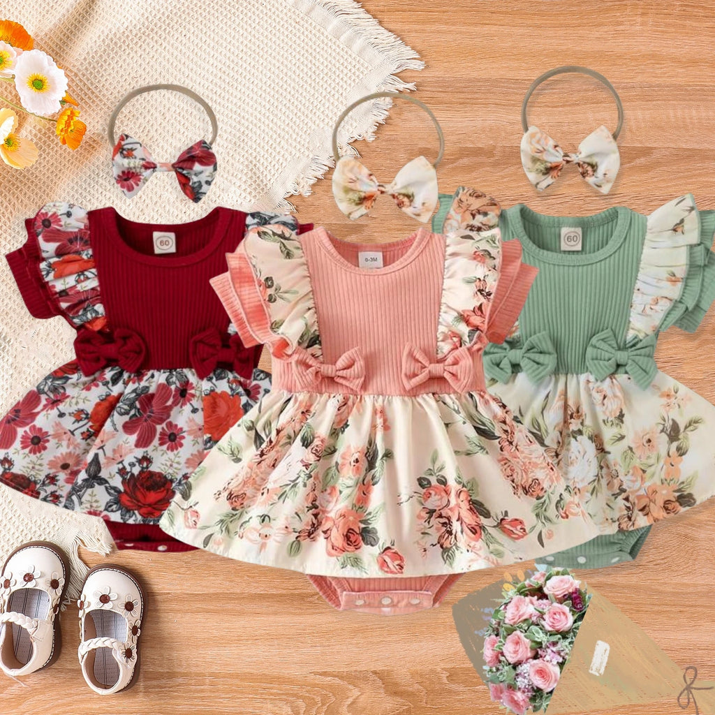 Floral baby Girl Dress With Bowknot headband