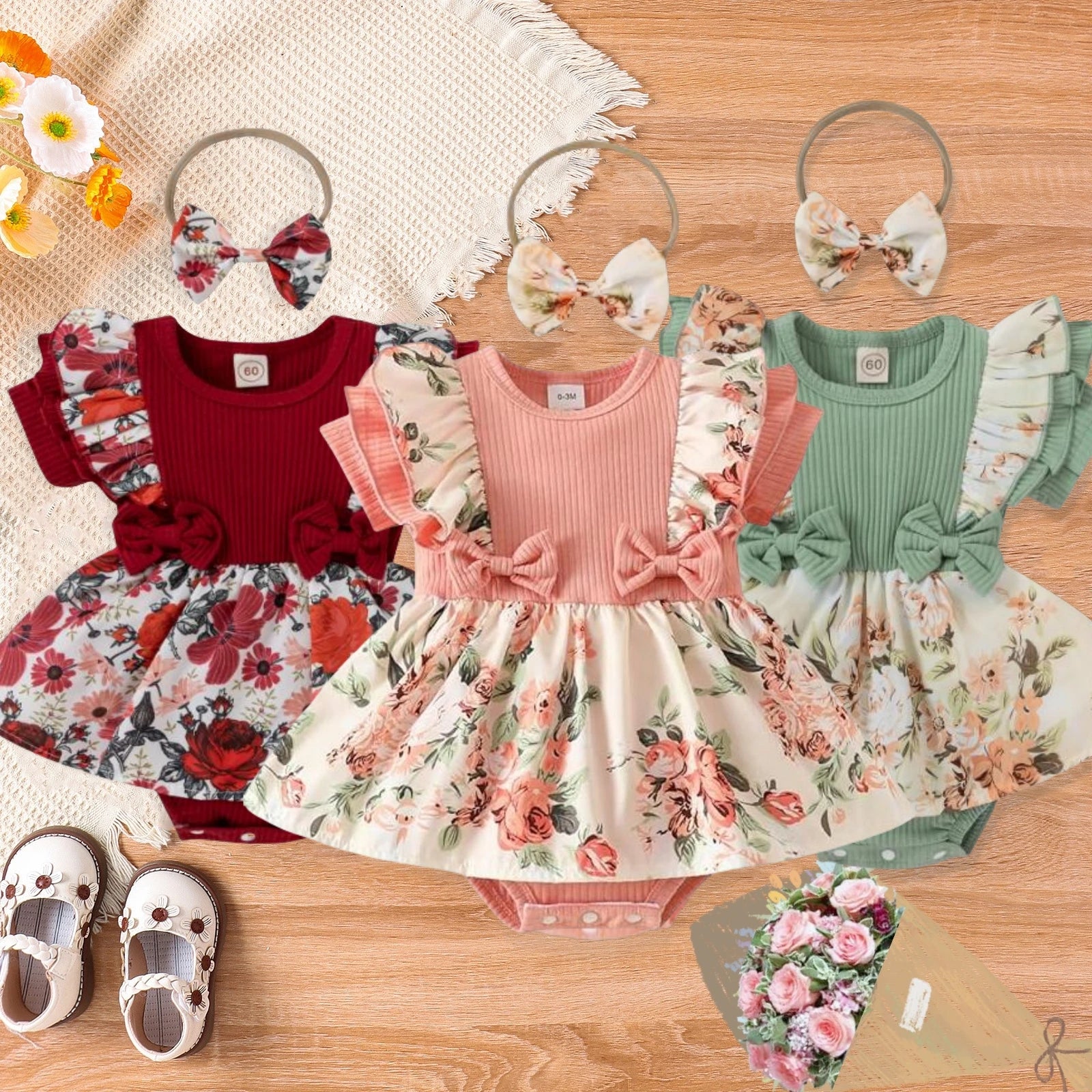Floral baby Girl Dress With Bowknot headband