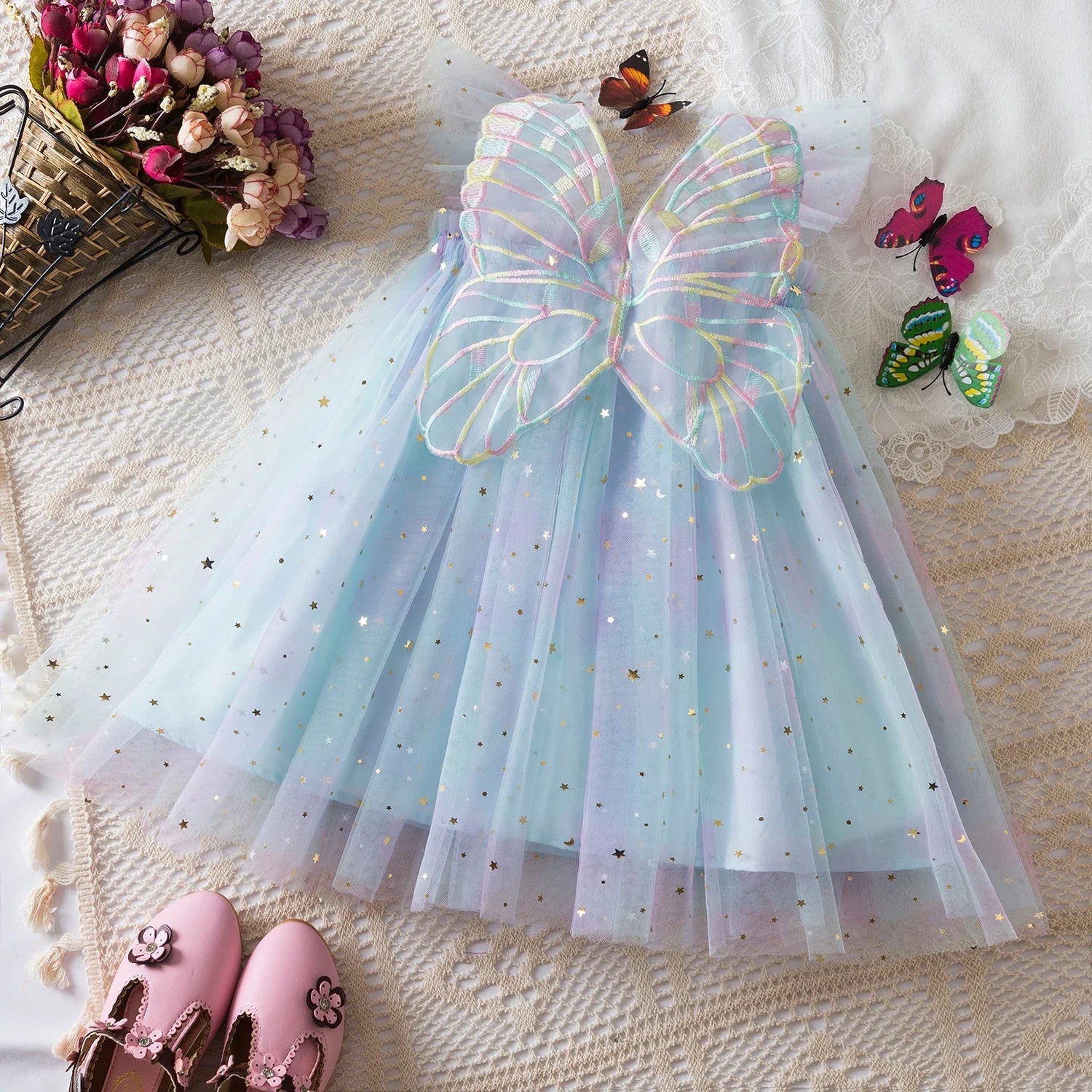 Rainbow butterfly Sequin Sling Dress