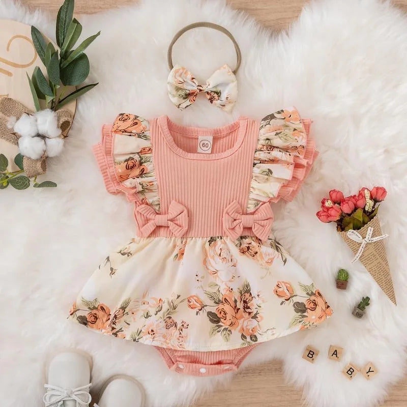 Floral baby Girl Dress With Bowknot headband