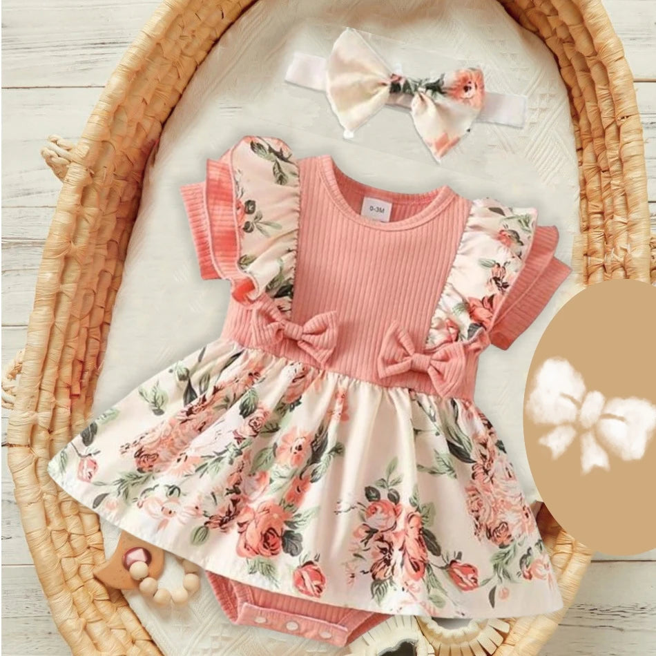 Floral baby Girl Dress With Bowknot headband