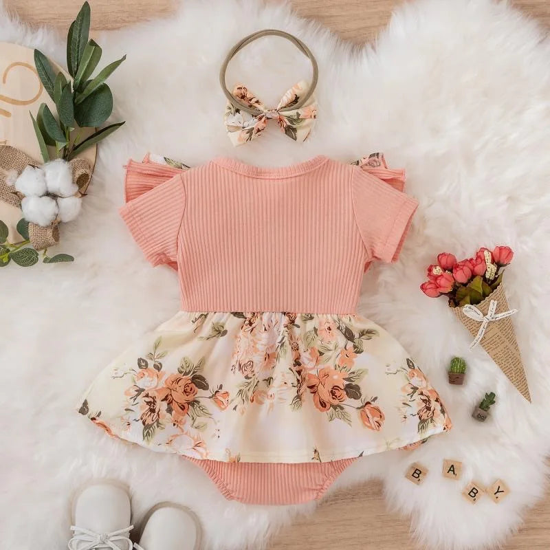 Floral baby Girl Dress With Bowknot headband
